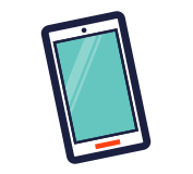 Mobile phone cartoon icon, outlined in navy blue with a teal screen