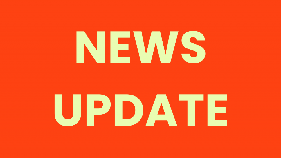 "News update" in lime green text on a bright orange background.