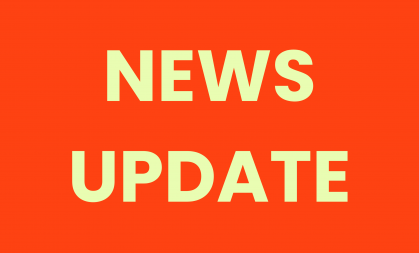 "News update" in lime green text on a bright orange background.